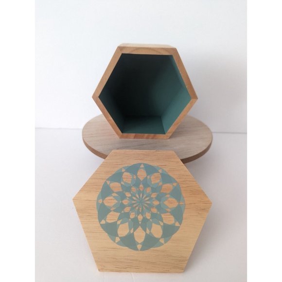 BoConcept Wooden Box w Print Geo Mandala Design Dust Green Trinket Hexagon NIB - Picture 6 of 8